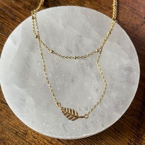 Gold Double Chain Necklace with Feather Charm